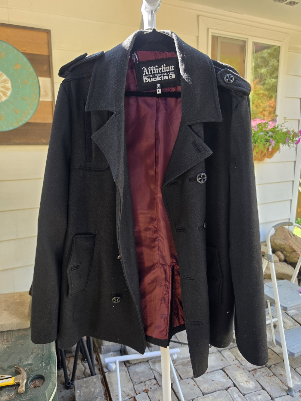 Affliction X Buckle Black Double Breasted Peacoat Large
